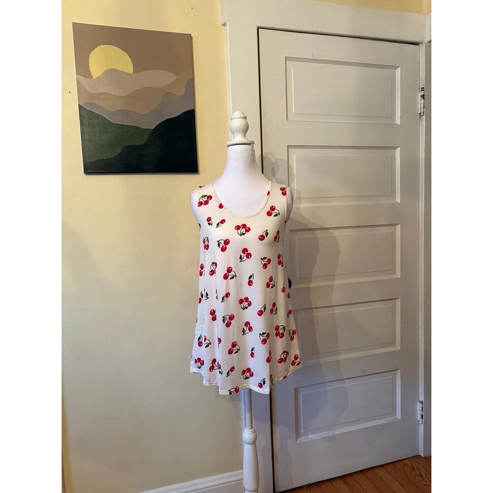 Woman's Tank Top essentials white cherries scoop neck summer trending NEW